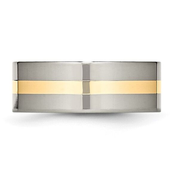 Kazi Luxury Chisel Titanium Polished with 14k Yellow Gold Inlay 8mm Flat Band